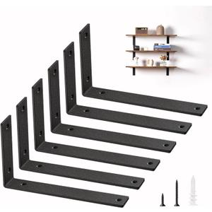Shelf Brackets Heavy Duty 14 Inch Black L Brackets for Shelves 6 Pack 5mm Thick Wall Mounting Floating Metal Iron Shelf Support for Wood with Screw