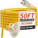 PlugSaf 50 FT 12/3 Gauge Outdoor Extension Cord with Multiple Outlets Light Indicator, Flexible 3 Outlet Weatherproof Heavy Duty Extension Cord Waterproof Yellow, 15A 1875W 12AWG SJTW, ETL Listed