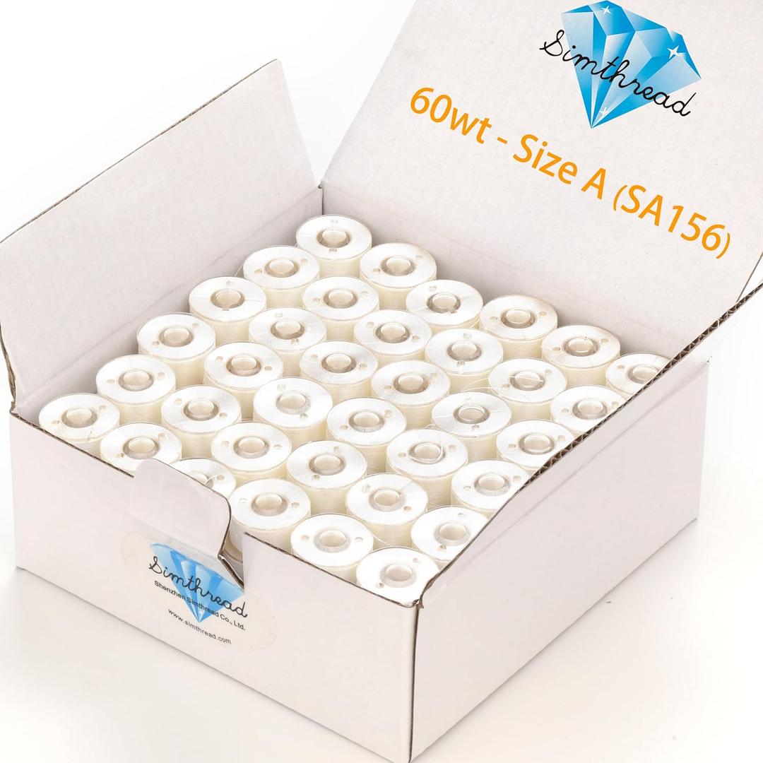 Simthread 144pcs Embroidery Pre-Wound Bobbins Thread, Class 15 Type A Size SA156, Polyester White 60 wt, Compatible with Bernina Pfaff Ambition BabyLock Brother Embroidery Sewing Machines Plastic Side