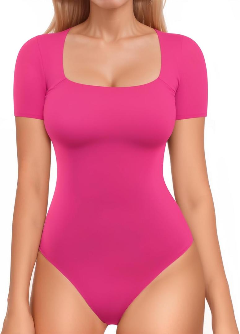 MANGOPOP Women Square Neck Short Sleeve Bodysuit Double Lined Thong Body Suits Shirts Basic Top (X-Small, Hot Pink)