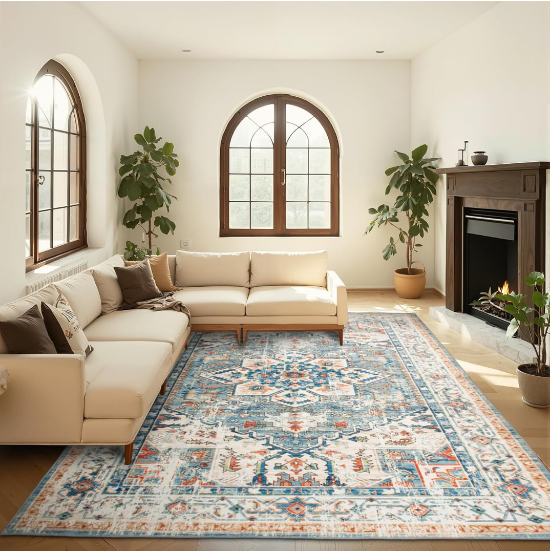 5x7 Area Rug for Living Room Non Slip Low Pile,Washable Vintage Persian 5x7 Area Rugs in Teal Blue for Bedroom Indoor