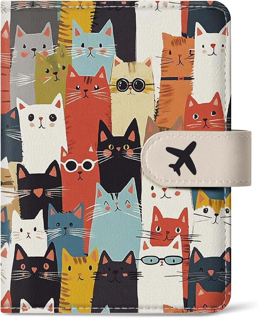 Passport Holder for Travel Essentials, RFID Blocking Leather Cover Wallet with Magnetic Closure, Aesthetic & Cute Passport Book Case for Women and Men - Cat