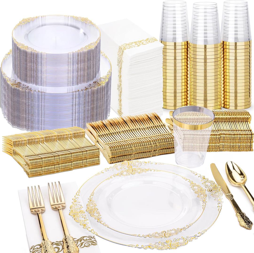 Nervure 350PCS Clear Gold Plastic Plates - Gold Plastic Dinnerware Sets for 50 Guests - 100 Disposable Plates, 150 Silverware, 50 Cups, 50 Napkins for Wedding & Party & Thanksgiving, Clear and Gold, 50