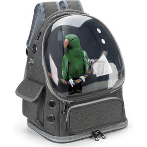 Bird Backpack Carrier Travel Cage with Perch, Tray and Breathable Clear Window, Bird Travel Cage for Cockatiel Caique Conure Quaker, for Vetting Camping Hiking (Grey)