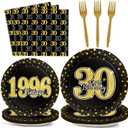 96PCS 30th Theme Birthday Party Tableware Vintage 1996 Party Supplies 30 Year Old Birthday Decorations Plates Napkins Forks Black and Gold Dinnerware Favors for Men or Women