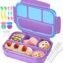 QQKO Bento Lunch Box for Kids Girls Boys, Toddler Kids Lunch Boxes for School, Lunch Containers for Adults with 4 Compartments, Sauce Container, Utensils, Food Picks and Muffin Cups, Purple