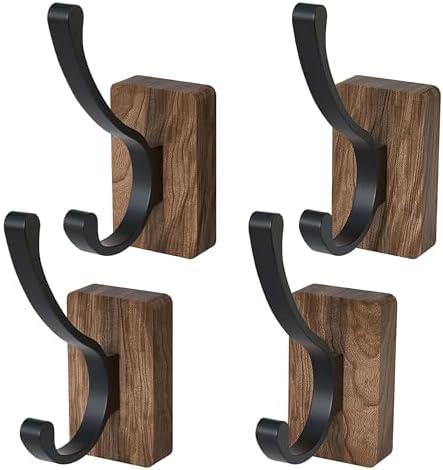 IURRDOP 4 PCS Black Walnut Wood Wall Hooks Adhesive Mounted & Wall Mounted Rustic Decorative Entryway Hooks Mid Century Modern Natural Wooden Pegs for Hanging Coat Clothes Hat Bag Purse and Towel