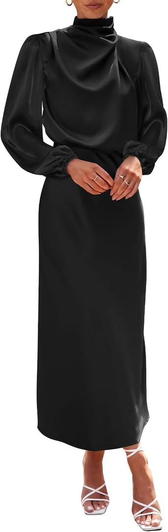 BTFBM Womens Mock Neck Satin Dress 2025 Summer Spring Long Sleeve High Waist Wedding Party Maxi Formal Cocktail Dresses (X-Large, Black)