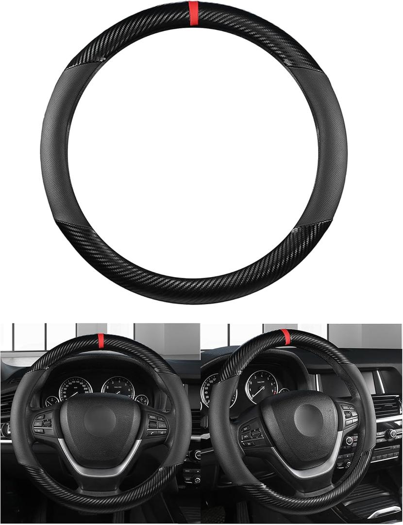 Car Steering Wheel Cover, 15 inch Carbon Fiber Microfiber PU Leather Elastic Steering Wheel Protector for Men Women, Anti-Slip Breathable Car Interior Accessories (Carbon Fiber Black)