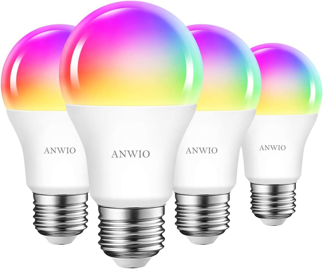 ANWIO Smart Light Bulbs 8.5W (60W Replacement) A19 E26 LED Bulb Work with Alexa, Google Assistant, Smart Life App, Tuya App, Color Changing Light Bulb,806LM,2.4Ghz onlyNo Hub Required4-Pack