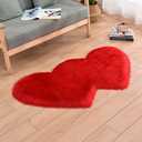 Faux Fur Sheepskin Small Area Rugs Fluffy Seat Pad Double Hearts Shaped Carpets, 24x35 Inches Luxurious Wool Foot Mats Home Decor for Nursery Living Room Bedroom Pet Kids Room (Red)