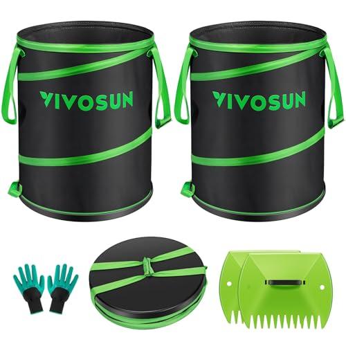 VIVOSUN 47-Gallon Collapsible Garden Bag, Yard Waste Bin with Hard-Shell Bottom, Leaf Scoops and Gloves, Collapsible Yard Waste Containers for Lawn Care and Camping, 2-Pack