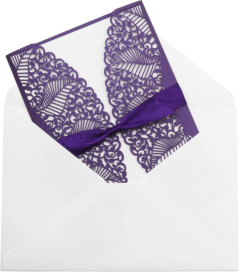 Laser Cut Lace Wedding Invitations Card Kits with Envelopes Blank Inner Sheet Ribbon Bow for Anniversary Invite Marriage Bridal Shower Engagements Sweet 21 Birthday and Graduation Party 20pcs (Purple)