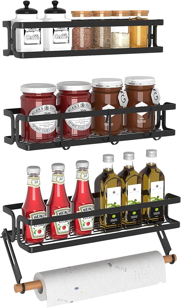 3 Pack Spice Rack Wall Mount with Paper Towel Holder and Hooks, Screw or Adhesive Hanging Spice Shelf, Space Saving Spice Organizer for Seasonings, Spice Racks for Stove Rv Cabinet Black