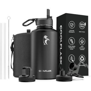 64 oz Water Bottle Insulated with Straw & 3 Lids, Coolflask Large Metal Stainless Steel Water Jug Big Half Gallon Wide Mouth for Sports, Gym or Office, Non-BPA Keep Cold 48H Hot 24H, Magic Black