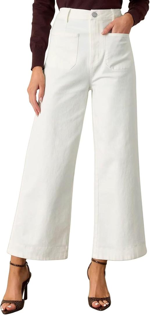Allimy Women's Summer High Waisted Ankle Length Cropped Wide Leg Capri Jeans Stretchy Loose Pettie Denim Dress Pants with Front Patch Pockets White 8