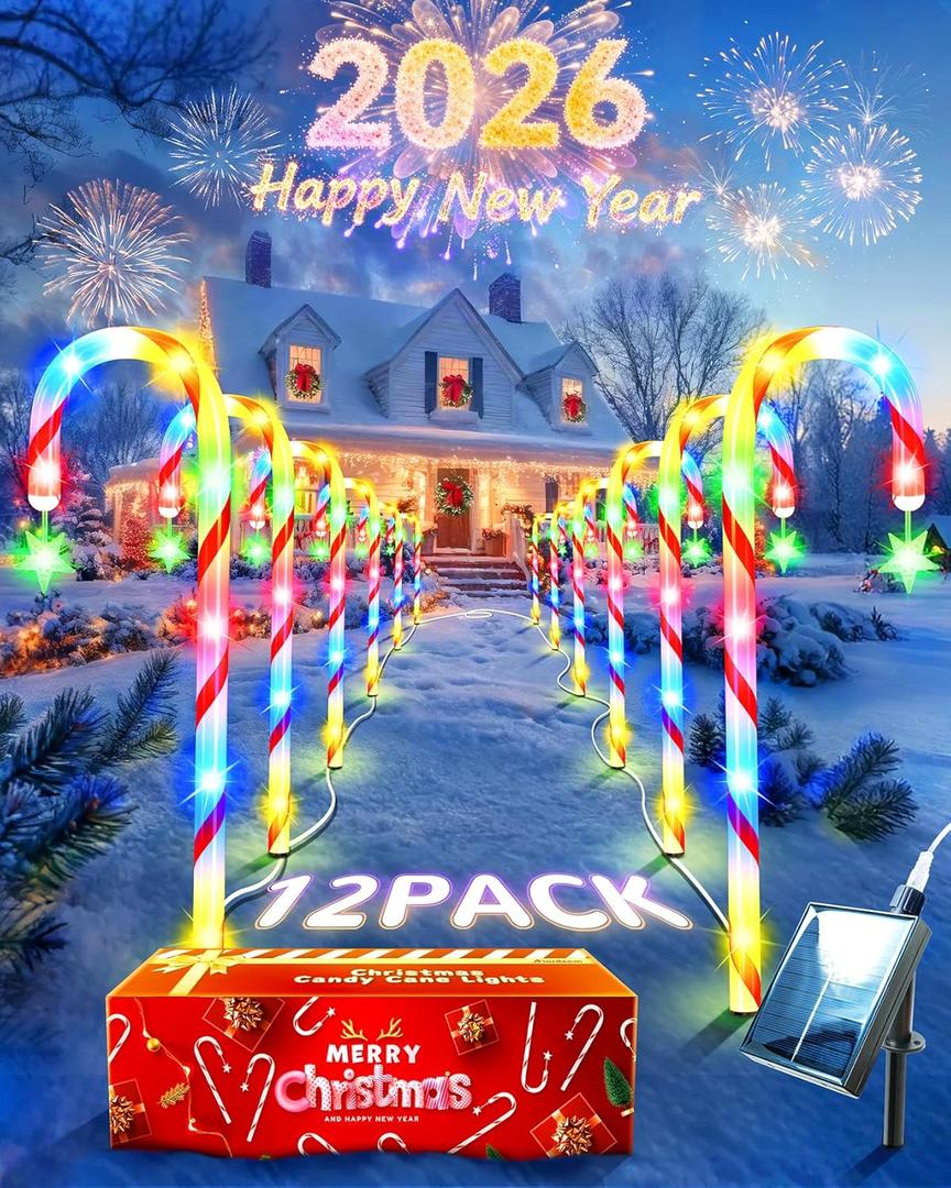 Anordsem Solar Christmas Decorations Outdoor: 21" Candy Cane Lights with Star 12 Pack - Waterproof LED 8 Colorful Lighting Models for Yard Pathway Xmas Decor - 2026 New Year Gifts for Homeowners