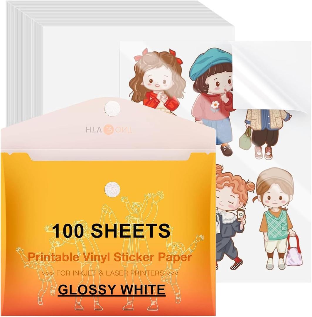 HTVRONT Printable Vinyl Sticker Paper, 100 Sheets Glossy Waterproof Sticker Paper For Inkjet Printer Dries Quickly-Standard Letter Size 8.5"X11"