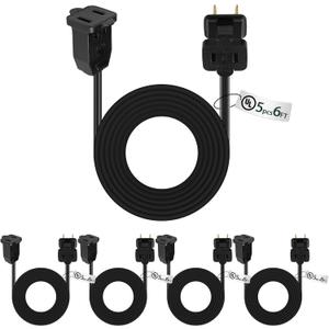 Kanayu 5 Pack 6 ft Black Indoor Extension Cord 2 Prong Electric Cord Extender, Wire Plug in and End, Ac 120 Volts for Outdoor Christmas Connect or Extend String Lights