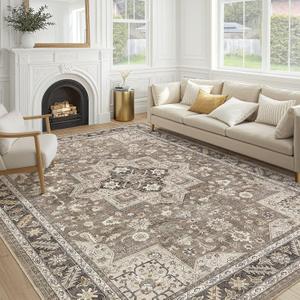Vintage Living Room Area Rug 10x13 - Large Soft Washable Oriental Traditional Distressed Farmhouse Rugs for Bedroom - Indoor Floor Accent Carpet for Home Office House Decor - Brown