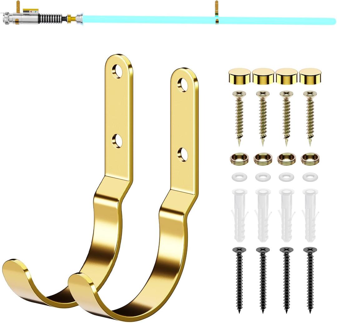 1 Pair Lightsaber Wall Mount Stand Metal Light Saber Wall Display Rack Horizontal Lightsaber Holder Placement Stand Heavy Duty Utility J Hooks for Outdoor Indoor (Gold)