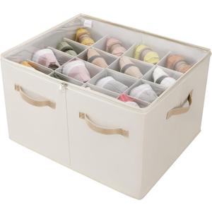 Shoe Organizer for Closet, Foldable Shoe Box with Adjustable Dividers and Clear Cover, Space Saving Shoe Storage Organizer Cabinet with Reinforced Handles, Fits 16 Pairs, Beige TP09Y