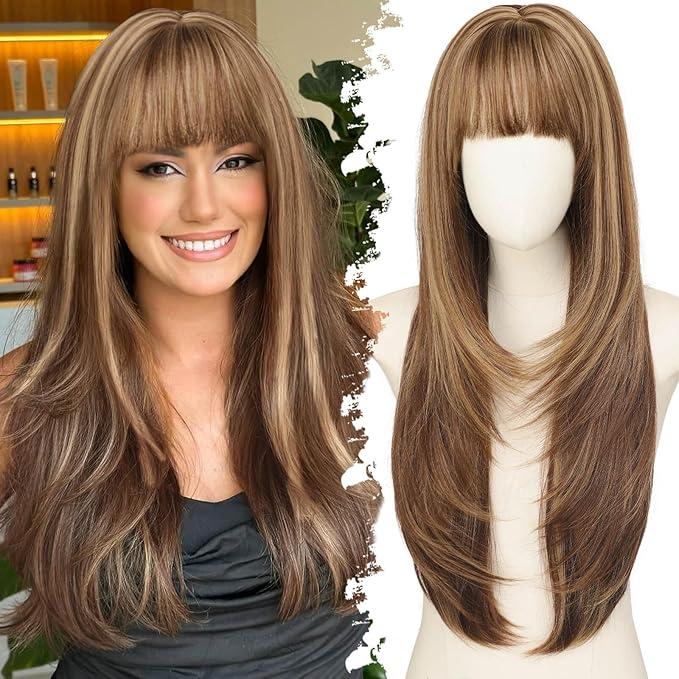 Long Light Brown mix Blonde Highlights Wig with Bangs for Women,4x4 Realistic Scalp,Free Parting,Layered Hairstyle Synthetic Heat Resistant for Daily Party Use 26 inch