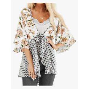 ChainJoy Chiffon Boho Floral Kimono Cardigans Tie Front Half Sleeve, Size: L