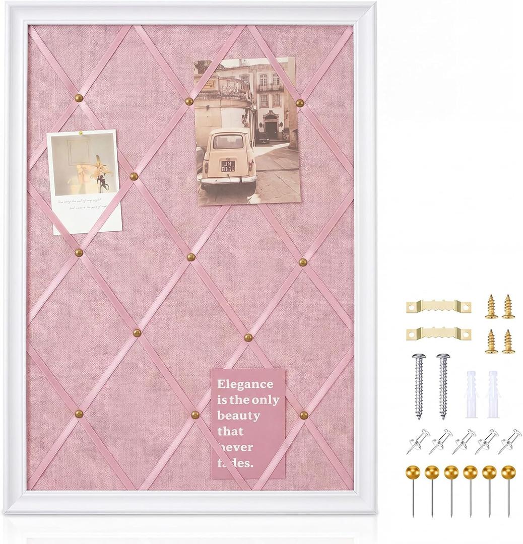 DoubleFill White Bulletin Board 21"27" Linen Fabric Decorative Board Hanging Memo Boards for Women Large Cork Bulletin Boards for Home Office with 20 Pushpins - Pink Linen with White Frame