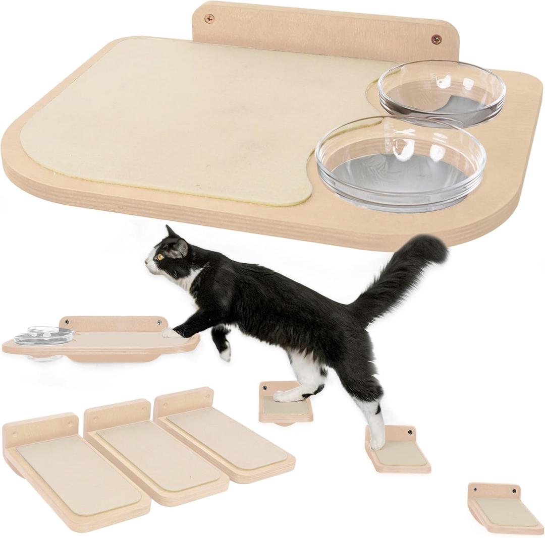 INICIO Cat Wall Shelves  Dog Proof Feeding Station with Wall Mounted Shelves, Durable 3 Step Birch Floating Shelf for Cats Up to 15lbs, Attached Cat Food Bowl for Convenient Feeding  Wood Brown