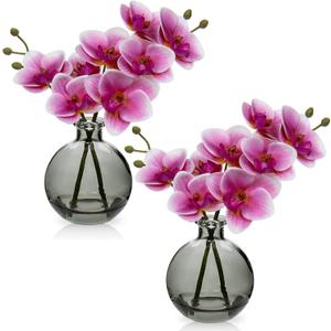Oairse Pink Orchids Artificial Flowers Faux Orchid Arrangement with Black Glass Vase Set of 2 Real Touch Phalaenopsis Orchid Flowers Orchid Centerpiece for Dining Room Table