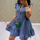 POTILI Denim Dress for Women Ruffle Short Sleeve V Neck Jean Mini Dress with Pockets (Blue, M)