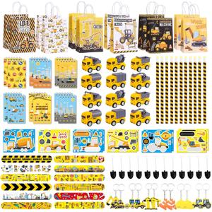 Halema 96pcs Construction Birthday Party Supplies, Construction Party Favors For Kids Mini Excavator Truck Keychain Slap Bracelet Sticker Construction Themed Party Favors Bags Available For 12 People