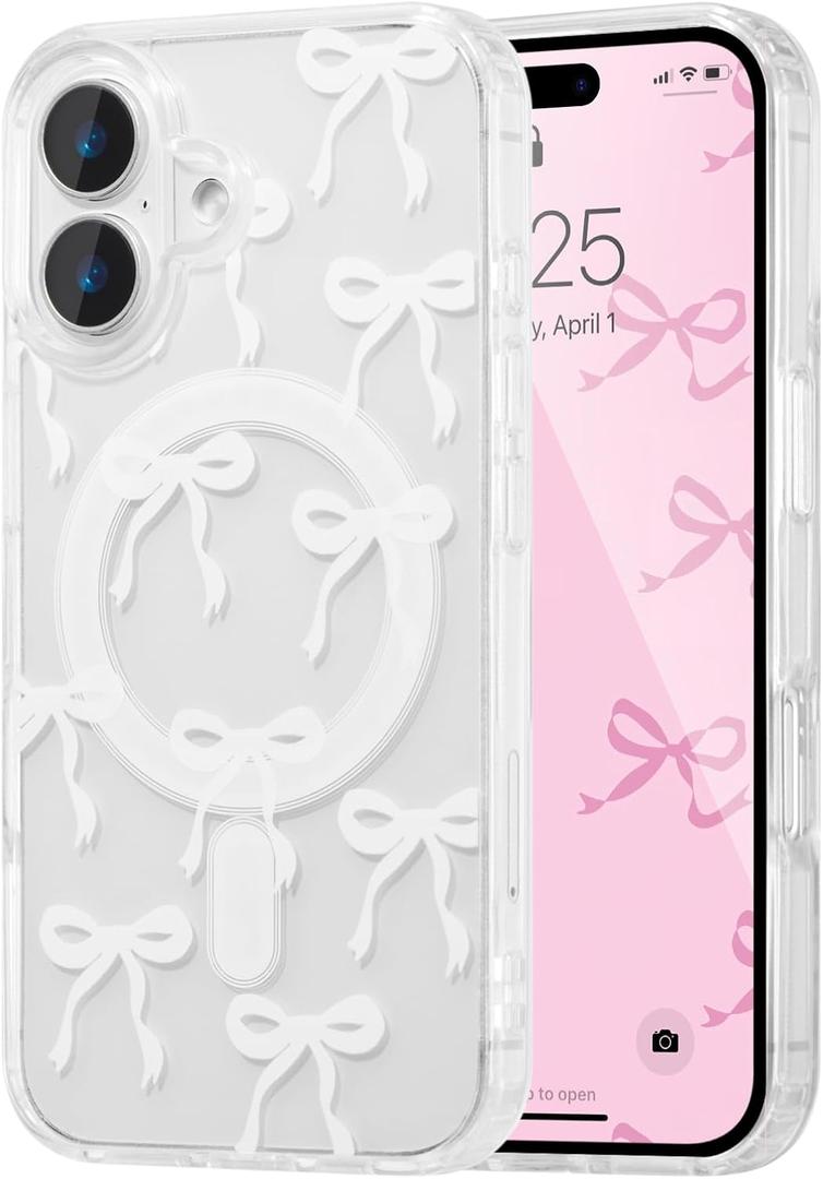 UEEBAI Magnetic for iPhone 16 Case, Bow Case Compatible with MagSafe, Wireless Slim Clear Ribbon Aesthetic Phone Cover Anti-Yellowing Shockproof Protective Cover for Women Girl - White