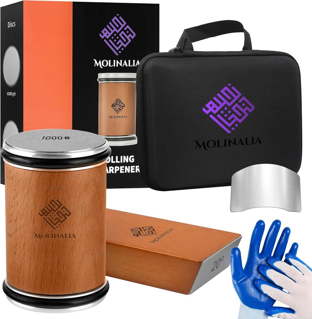 Rolling Knife Sharpener Multi Angle Tool w/Diamond & Ceramic Discs #1000/#3000, tumbler knife sharpener having Finger Guard, Gloves & Travel Bag