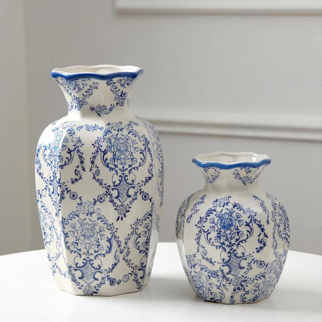 2 Pcs Blue and White Vintage Vase Chinoiserie Floral Vase 9.5'', 6'' Rustic Ceramic Vases for Home Decors, Living Room, Bookshelf, Office, Grand Millennial Decor, Chinoiserie Decors