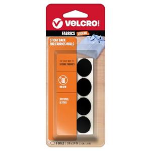 VELCRO Brand for Fabrics | Permanent Sticky Back Fabric Tape for Alterations and Hemming | Peel and Stick - No Sewing, Gluing, or Ironing | Pre-Cut Ovals, 1 x 3/4 inch, Black - 8 Sets,91879
