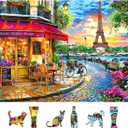 Paris Street 500 Piece Jigsaw Puzzle for Adults & Seniors, Eiffel Tower Cafe Scene Sunset, Romantic Parisian Landscape Travel Art, Family Puzzle with Letters on Back(23" x 15")