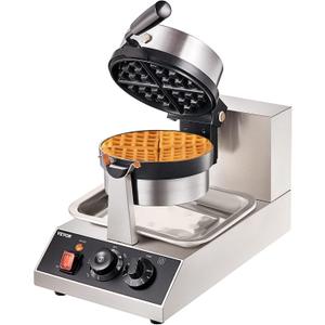 VEVOR Commercial Waffle Maker, 1300W Round Waffle Iron, Non-Stick Rotatable Waffle Baker Machine With 122-572℉ Temp Range and Time Control, Teflon-Coated Baking Pan Stainless Steel Body 110V