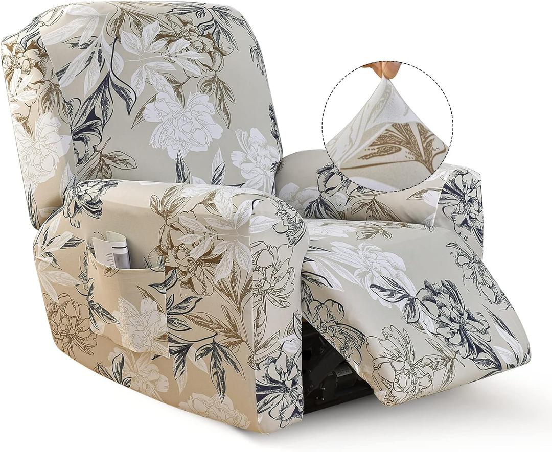 Recliner Slipcover-Stretch Soft Slip Reclining Chair Slipcovers 4-Pieces Furniture Protector for Recliner with Pocket Fitted Sofa Couch Cover Lazy Boy Chair Cover (Light Khaki/Flower)
