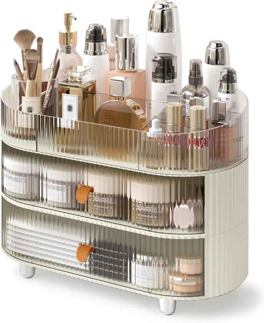 Makeup Organizer with 2 Drawers and 1 Clear Tray, Stackable Cosmetic Organizers and Skincare Storage box for Vanity and Countertop