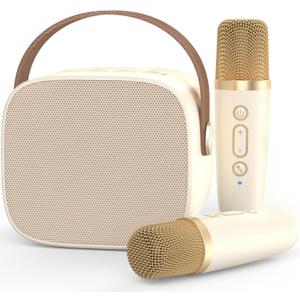 Mini Karaoke Machine Microphone, Fun Toys Christmas Birthday Gifts for Adult Kids/Toddler Boys Girls 3 4 5 6 7 8 9 10 11 12+,Portable Bluetooth Speaker with 2 Wireless Microphone (Beige 2 Mics)
