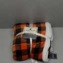 PAVILIA Black Orange Buffalo Plaid Sherpa Throw Blanket for Couch Twin, Soft Fuzzy Flannel Blanket for Bed, Plush Halloween Checkered Fleece Blanket and Throws, Warm Thick Winter Blanket Gift, 60x80