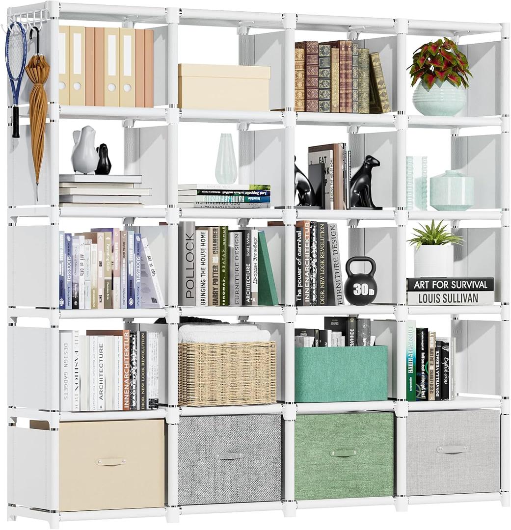 Mavivegue 20 Cube Book Shelf, Storage Organizer, Large DIY Bookcase, Metal Cube Bookshelf, Cubbies Closet Storage Organizer Shelves for Bedroom,Living Room,Home,Office (White)