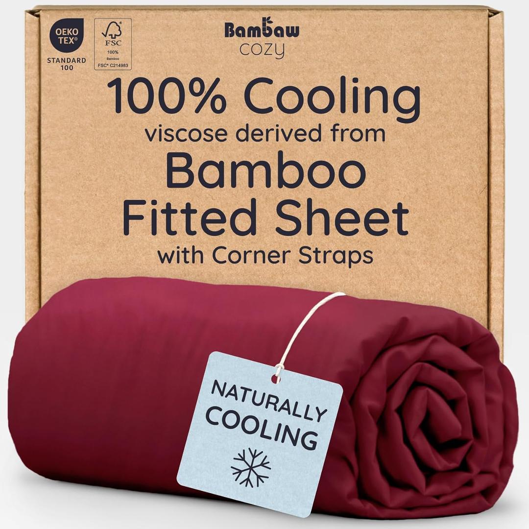 Bambaw 100% Viscose Derived from Bamboo Fitted Sheet Queen Size, Cooling Fitted Sheet, Queen Mattress Fitted Sheet Only, Deep Pocket Fitted Sheet with Corner Straps (Burgundy)