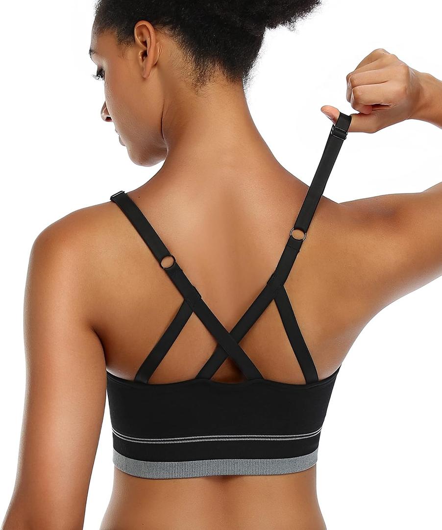 ANGOOL Strappy Sports Bra for Women, Longline Medium Support Yoga Bra Wirefree Padded Sports Bra with Adjustable Straps S