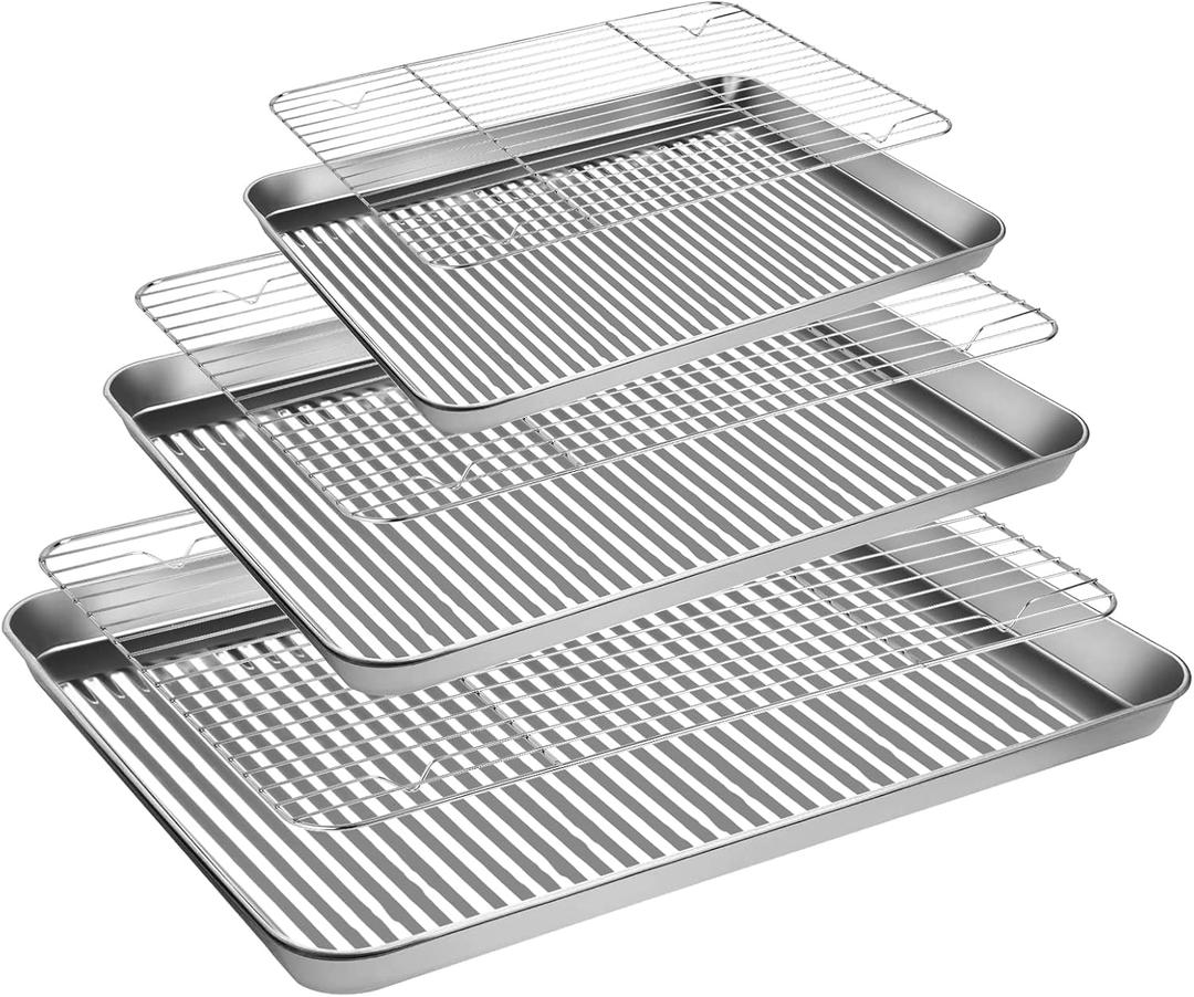 Stainless Steel Baking Sheet with Rack Set, Cookie Sheet with Cooling Rack, Set of 6 (3 Sheets + 3 Racks), Easy Clean