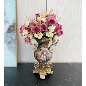 Large Golden Vase and Artificial Flower Set, European Vintage Resin Vase with Floral Arrangement for Various Party Venue Atmosphere, Restaurant, Bedroom, Office Decor