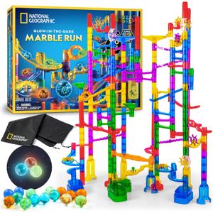 NATIONAL GEOGRAPHIC Glowing Marble Run 150 Piece Construction Set with 30 Glow in The Dark Glass Marbles & Storage Bag, STEM Gifts for Boys and Girls, Building Project Toy, Glowing Medium