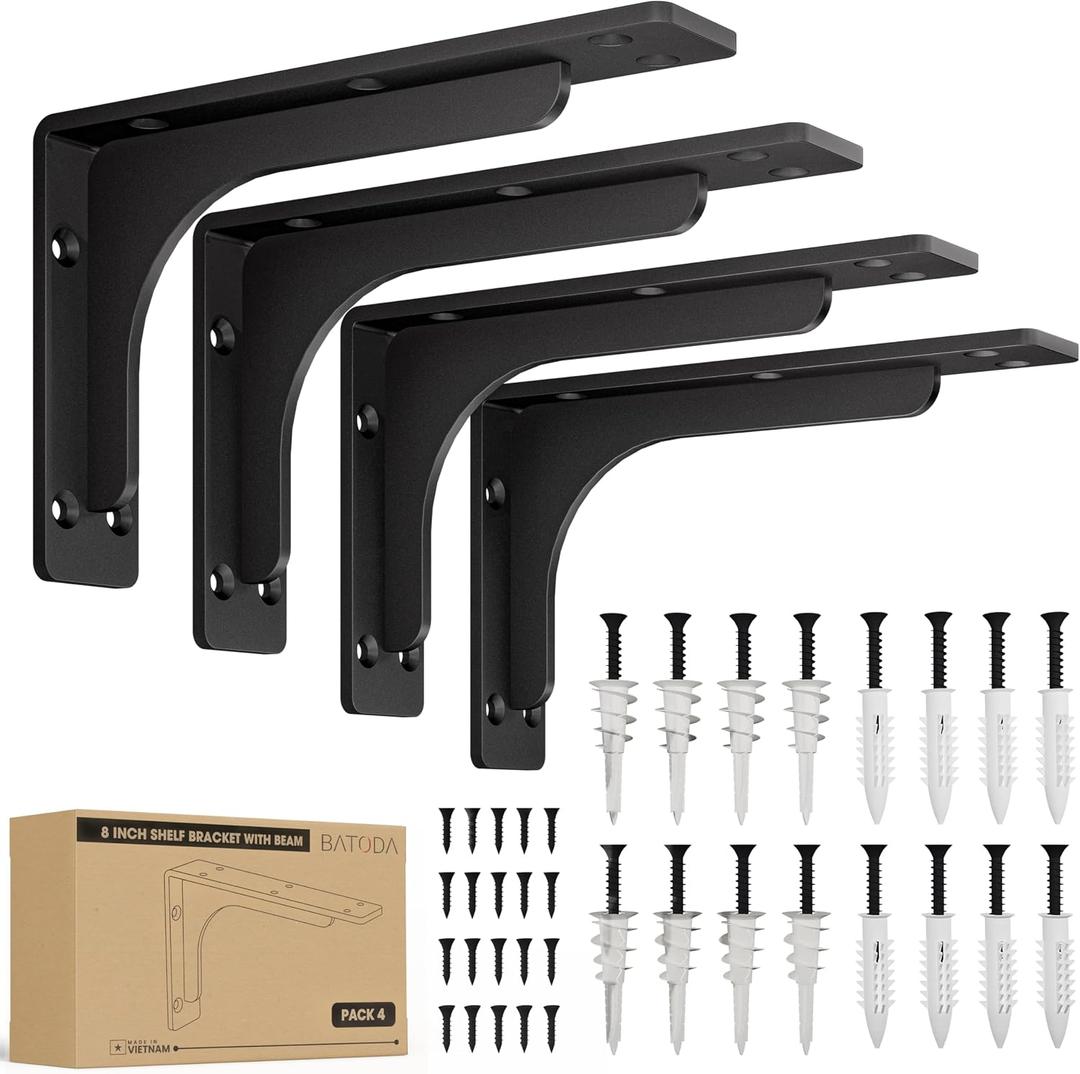 BATODA 8" x 5" L Bracket with Beam - Shelf Brackets Black 300 Lbs Capacity - Heavy Duty Shelving Brackets for Floating Shelves - Wall Mounted Support for DIY Mounting Hardware Included (Pack 4)